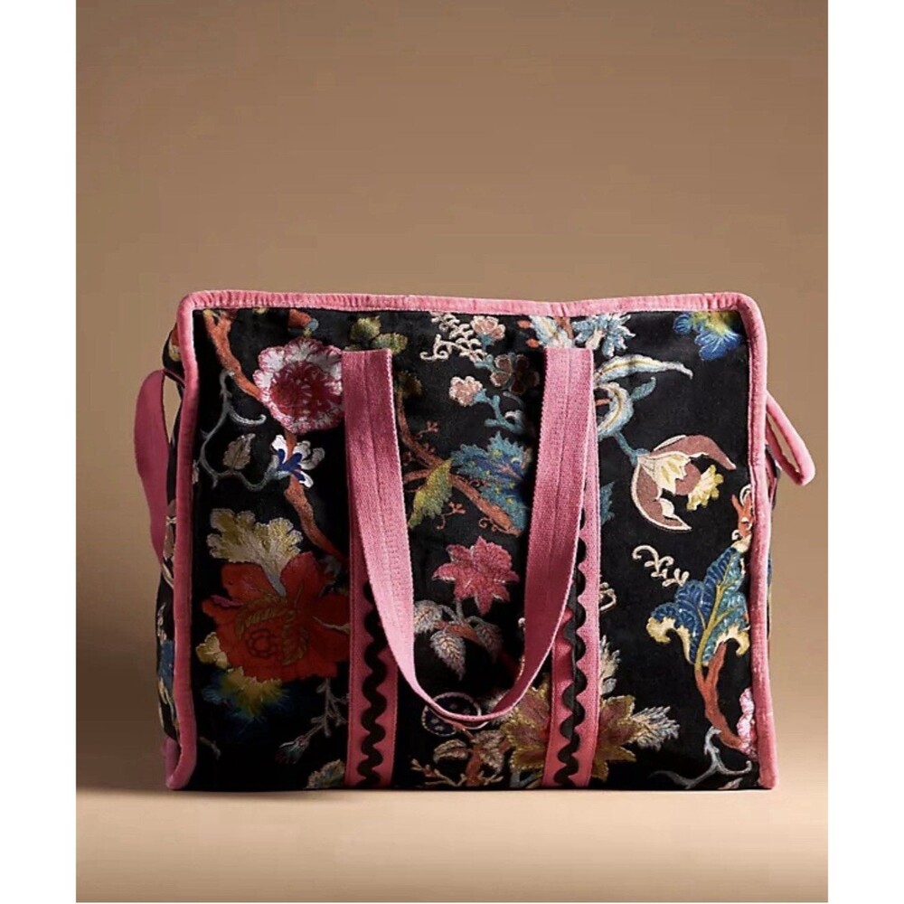 Anthropologie Weekender Bag Pink Floral Velvet Vacay Beach Retro Boho NWT